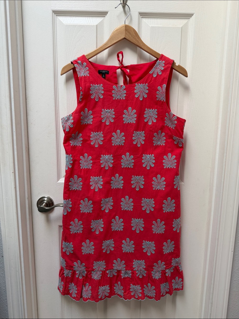 Talbots Tropical Red Shift Dress with Light Blue Contrast Embroidery